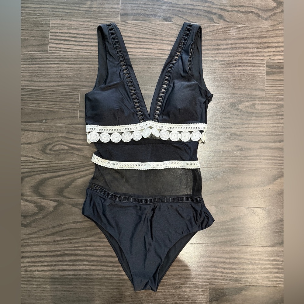 Thailand Brand Black One-Piece Swimsuit with Mesh Cutout White Lace Trim Size M